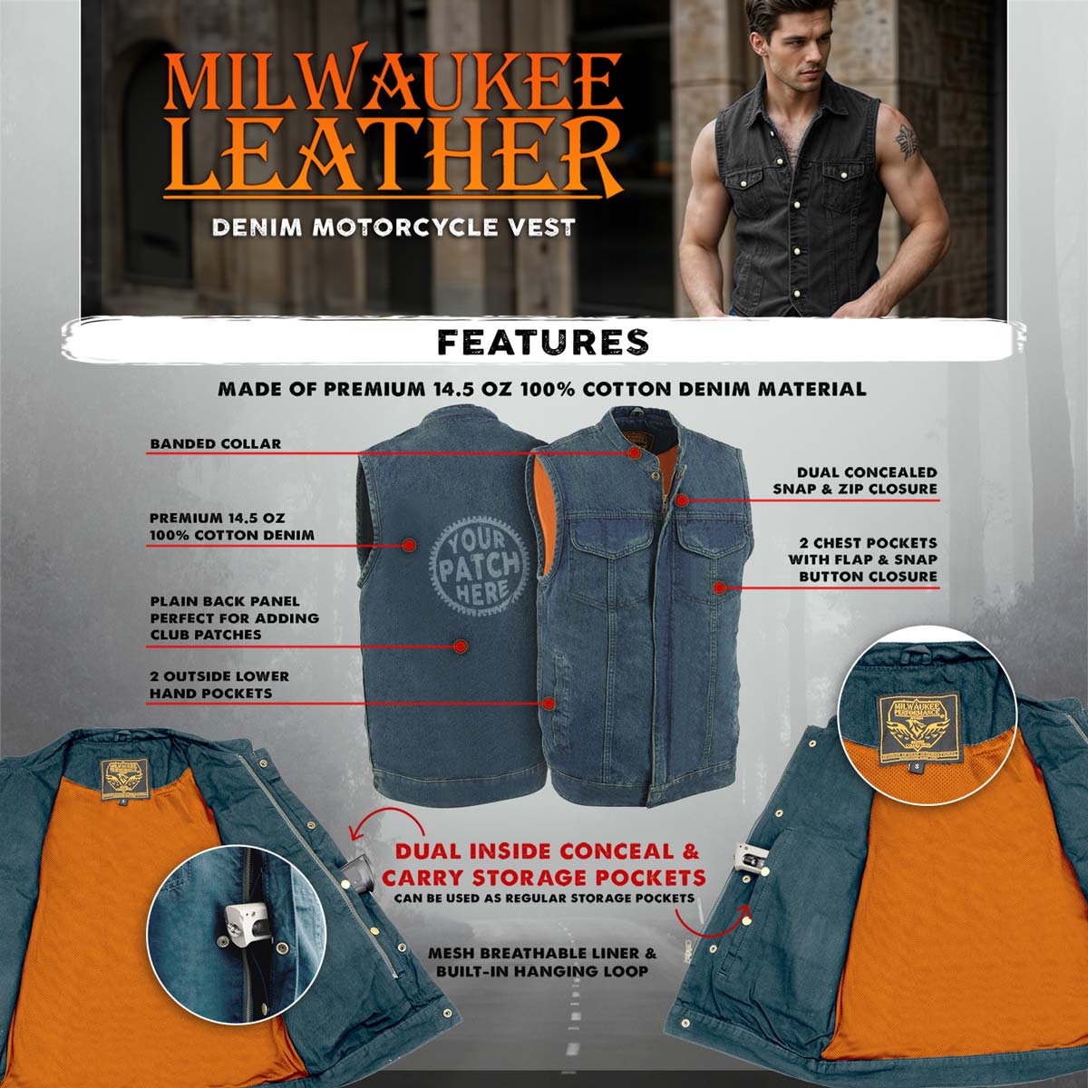 Milwaukee Leather MDM3000 Men's 'Brute' Concealed Snap Blue Denim Club Style Vest w/ Hidden Zipper