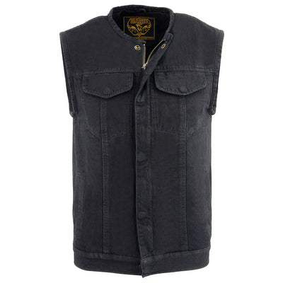 Milwaukee Leather MDM3001 Men's 'Covert' Black Denim Collarless Club Style Motorcycle Biker Vest w/ Dual Closure